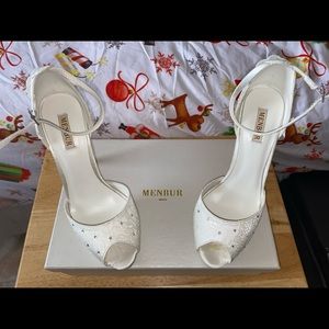 Menbur Ivory Color Satin/Lace peep toe heels with ankle strap.
